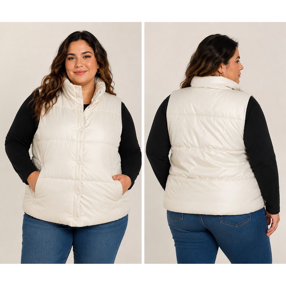 Old Navy Womens Plus 2X Cream Quilted Puffer Vest Snap Front Matte Faux Leather